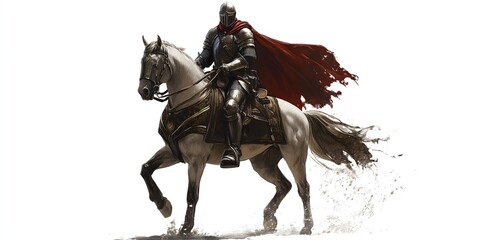 A knight in armor and a red cape rides a horse