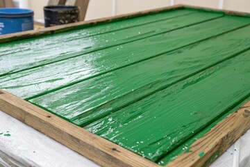 Thick layers of green paint applied to a wooden panel, expressive brushstrokes, vibrant colors, color intensity, artistic innovation