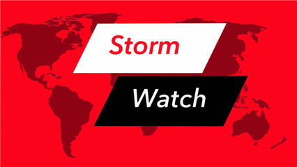Storm watch banner. A television weather banner, known as an “over the shoulder”  is seen with a map of the world showing the United States. Colors are red, black and this is a vector graphic .
