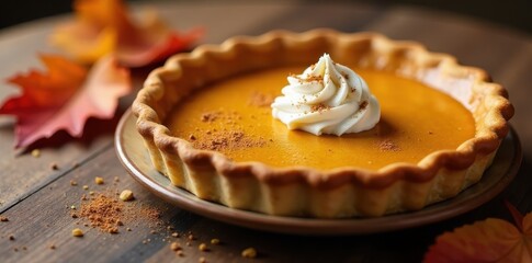 A delectable autumnal dessert a pumpkin pie with a swirl of whipped cream and a dusting of cinnamon, presented on a rustic wooden surface with vibrant fall leaves.