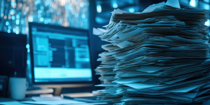 A cluttered stack of paperwork looms over a desk beside a computer screen that displays various workplace tasks