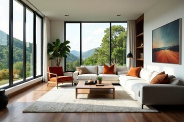 Serene Mountain View Living Room with Modern Sectional Sofa and Natural Light