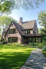 Beautiful brick house surrounded by lush greenery, featuring a well-maintained lawn and a stone pathway leading to the entrance on a sunny afternoon