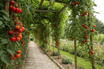 Tomato vines overflowing with juicy red tomatoes in a serene garden, fruit laden branches, ripe tomatoes, sunlit surroundings