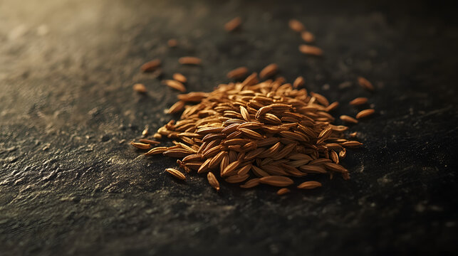 A small cluster of cumin seeds placed on a dark surface, their fine, elongated shapes and earthy tones clearly visible in the image.