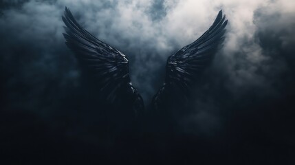 Obraz premium A pair of majestic black angel wings emerging from dark, cloudy background.