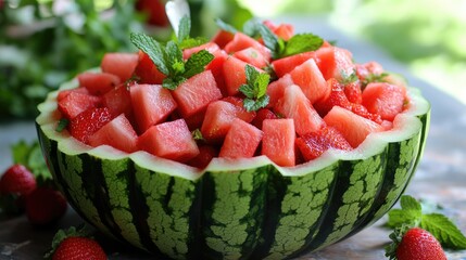 A watermelon fruit salad with chunks of watermelon, strawberries, and mint, served in a carved watermelon bowl.