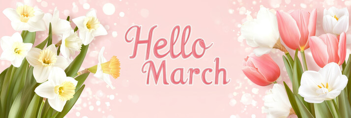 Naklejka premium Daffodils bouquet with hello march text on light background