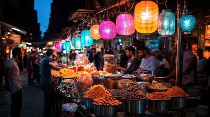 Vibrant Ramadan market at night with colorful lanterns, traditional spices, dates, and festive atmosphere, people shopping for Iftar in a Middle Eastern bazaar