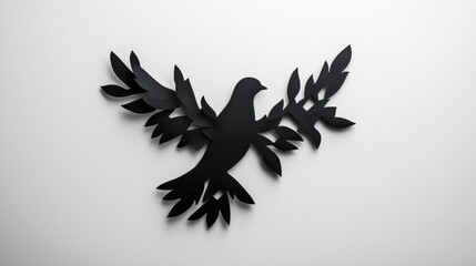 Obraz premium A black bird silhouette with outstretched wings and leaves against a white background.
