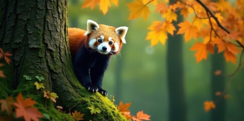 Fototapeta premium A curious red panda perched on a moss-covered tree trunk amidst a vibrant autumnal forest, its gaze directed towards the viewer, surrounded by the warm hues of falling leaves.