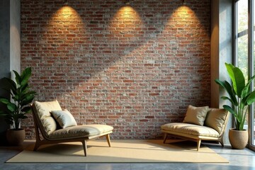 Serene Interior Design Featuring Two Light Beige Chaise Lounges Against a Rustic Brick Wall Accented by Potted Plants and Warm Lighting