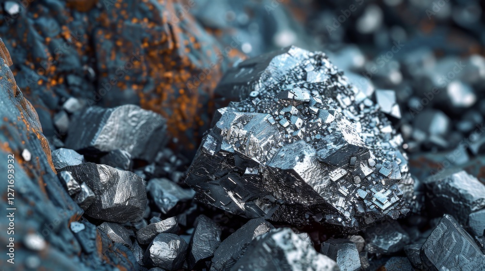 Poster A striking display of minerals showcases sharp crystalline structures and a lustrous metallic surface, surrounded by rugged rocky terrain under bright sunlight.