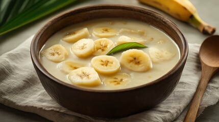 Warm Kolak dessert served in a rustic bowl, featuring tender banana slices and sweet potatoes in coconut milk, perfect for Ramadan iftar or suhoor moments