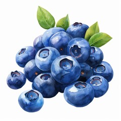 A beautiful watercolor illustration of fresh blueberries with vibrant green leaves, perfect for healthy eating themes.