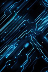 Obraz premium Minimalistic Dark Background with Elegant Glowing Blue Circuit Lines Forming Microchip Pattern for Futuristic High-Tech Aesthetic