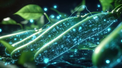 Glowing Biotech Pods on Leaves, Futuristic Farm
