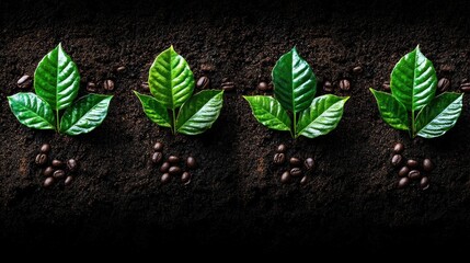 Coffee seedlings growing in fertile soil, with coffee beans scattered around