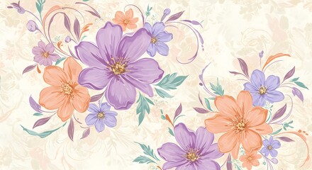 Obraz premium Floral Illustration with Purple and Peach Flowers on Creamy Background