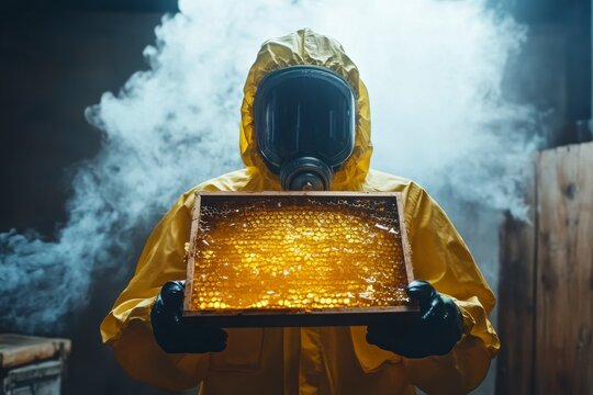 Beekeeper in protective gear holds honeycomb while smoke surrounds the environment indicating hive management challenges - Powered by Adobe