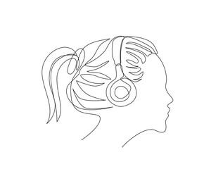 Continuous one line drawing of person wearing audio headphones. Woman listening music on Earphones single line draw illustration. Editable stroke.
