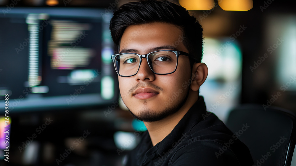 Wall mural code confident: a focused and skilled programmer, with glasses, gazes confidently at the camera, emb