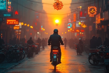 Sunset Ride Through Electric Cityscape, Urban Transportation at Dusk