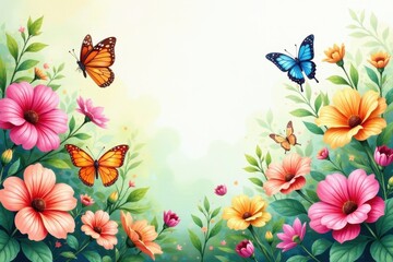 Vibrant blossoms and delicate butterflies create a picturesque springtime scene, showcasing a stunning array of colorful flowers and insects in a breathtaking floral arrangement.