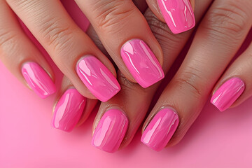 Manicure closeup. Woman pink nails close-up. Nail care in beauty salon. Spa healthy treatments for female hands. Fashion bright summer trendy manicure.