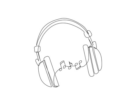 Continuous one line drawing of person wearing audio headphones. Woman listening music on Earphones single line draw illustration. Editable stroke.