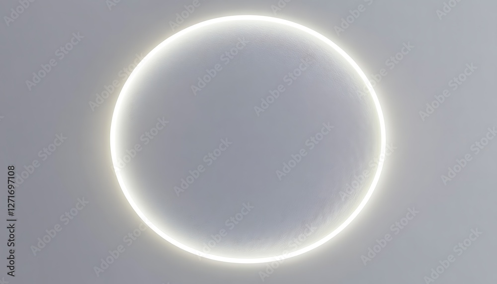 Poster white surface with embossed shape and white illuminated edge. tech background with neon circle. 3d r
