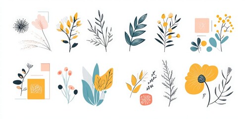 Fototapeta premium Set of hand-drawn floral elements, leaves, and flowers for wedding design. Hand-drawn line art collection of organic shapes like circles or hexagon frames with botanical branches. 