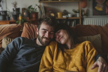Obraz premium Portrait of a joyful couple in their 20s sitting on the couch relaxing