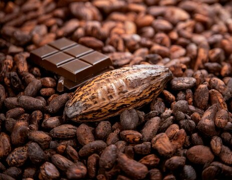 Cabosse de cacao et f&egrave;ves en gros plan avec chocolat noir, ingr&eacute;dients naturels pour la fabrication artisanale du chocolat, texture rustique, ambiance chaleureuse, concept gourmand et biologique, alim