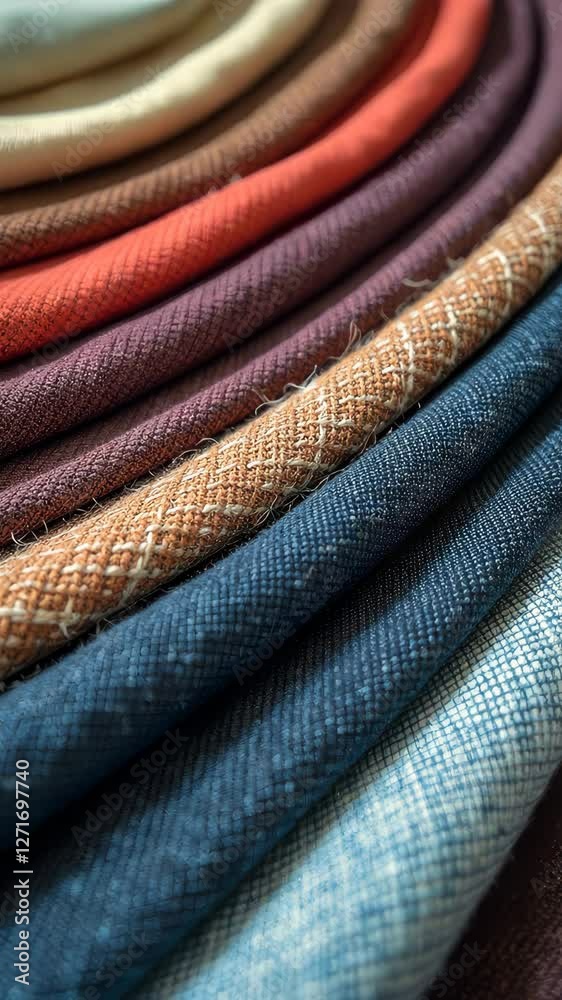 Poster a stack of different colored fabrics. the fabrics are blue, red, and brown. the stack is in a circle