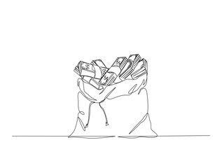 Continuous one line drawing of dollar money bag design. Money bag storage in single line draw illustration. Editable stroke.