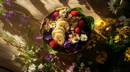 A Vibrant and Healthy Smoothie Bowl with Fresh Fruit and Flowers