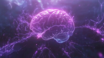 A vibrant digital illustration of a brain with glowing neon effects against a dark background.