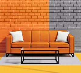 Modern Orange Couch with White Pillows Against Brick Wall Background