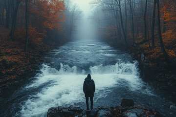 Obraz premium The Serene Watcher, Contemplation by Rushing Waters in Autumnal Mist