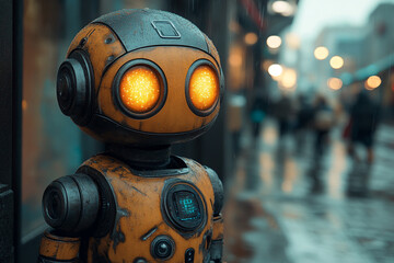 Rain-soaked droid contemplates a blurry cityscape in a downpour