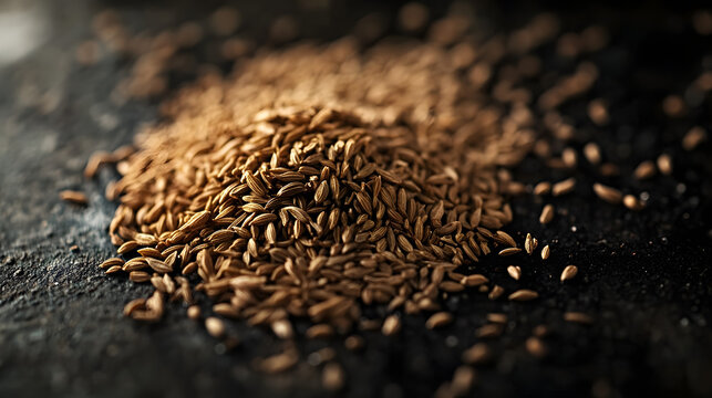 A small pile of cumin seeds scattered on a light background, with their rich brown tones and natural texture standing out.