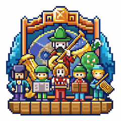 Retro Pixel Art Musical Band with Christmas Decorations and Holiday Costumes