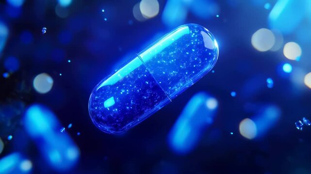 A glowing blue capsule floating in an abstract futuristic space. Representing the evolution of medicine, synthetic drugs, and the integration of AI in healthcare.