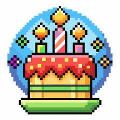 Pixel Art Birthday Cake with Candles   Colorful Retro Style Illustration