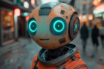 Neon-Eyed Robot Exploring Urban Spaces in a Vibrant Orange Suit
