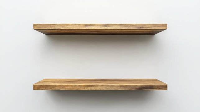 Wooden shelves with no items on a light-colored background. Made with digital tools.