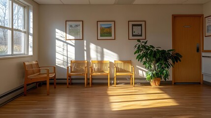 Bright Waiting Room Interior With Wooden Chairs and Sunlight