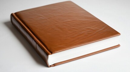 A closed brown leather bound book with a smooth cover on a white background.