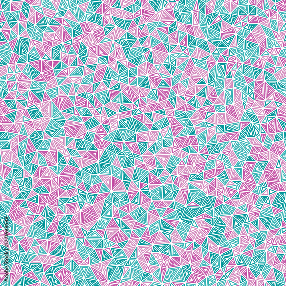 Poster abstract pattern of triangles. small shape size. multiple repeated inner triangles. multiple colors 